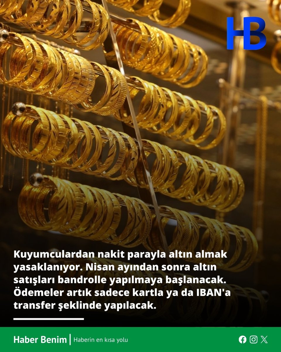 HaberBenimX's tweet photo. Kuyumculardan nakit parayla altın almak yasaklanıyor. Nisan ayından sonra altın satışları bandrolle yapılmaya başlanacak. Ödemeler artık sadece kartla ya da IBAN'a transfer şeklinde yapılacak. 

#haberbenim #haber #altın https://t.co/IMIrraM83C