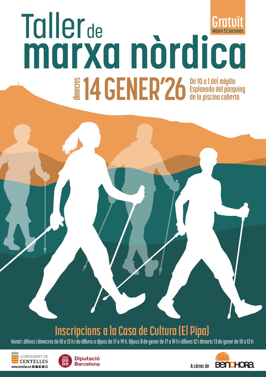 Últims dies d'inscripció al taller gratuït de marxa nòrdica
📅 Dimecres 14 de gener
🕤 De 10 a 1 del migdia
📍 Esplanada del pàrquing de la piscina coberta
✍🏻 Inscripcions a la Casa de Cultura (El Pipa)
🎟 Gratuït