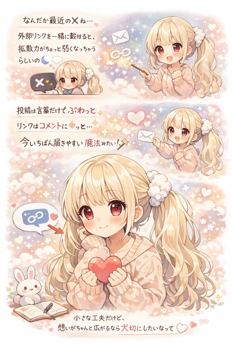 なんだか最近のXね…🫧
外部リンクを一緒に載せると、
きらめきがちょっと弱くなっちゃうらしいの🌙💭

投稿は言葉だけでふわっと飛ばして、
リンクはコメントにそっと添えるのが
今いちばん届きやすい魔法みたい🪄✨

こんな感じなのかな🩵