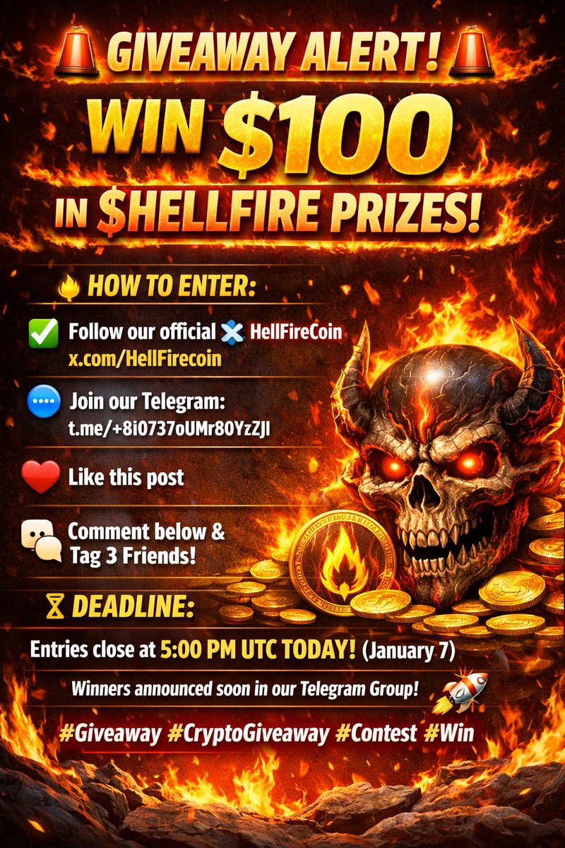 🚨 GIVEAWAY ALERT! 🚨
​In light to the AMA held yesterday, We are giving away $100 in $HELLFIRE prizes to One lucky community members.

​📝 How to Enter:
​To be eligible, you must complete all the steps below:

​✅ Follow our official X account: x.com/HellFirecoin

​🗣️ Join