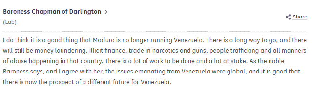 For the record, Labour's 'development' minister 'Baroness' <a href="/JennyChapman/">Jenny Chapman</a> welcomed the US' illegal kidnapping of Venezuela's president in parliament yesterday.   

#DCUKparliament