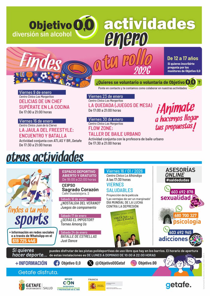 ¡Estrenamos año con los mejores planes! ❄️✨
Vuelven los #FindesATuRollo de <a href="/Objetivo00Getaf/">Objetivo 0,0</a> para jóvenes de 12 a 17 años.
Cocina, Freestyle, Juegos de mesa, Baile Urbano, Torneos de Among Us, Just Dance, Cine, deporte ...
<a href="/SaludGetafe/">Salud Getafe</a> <a href="/getafejoven/">GETAFE JOVEN</a> <a href="/aytogetafe/">Ayuntamiento Getafe</a>
