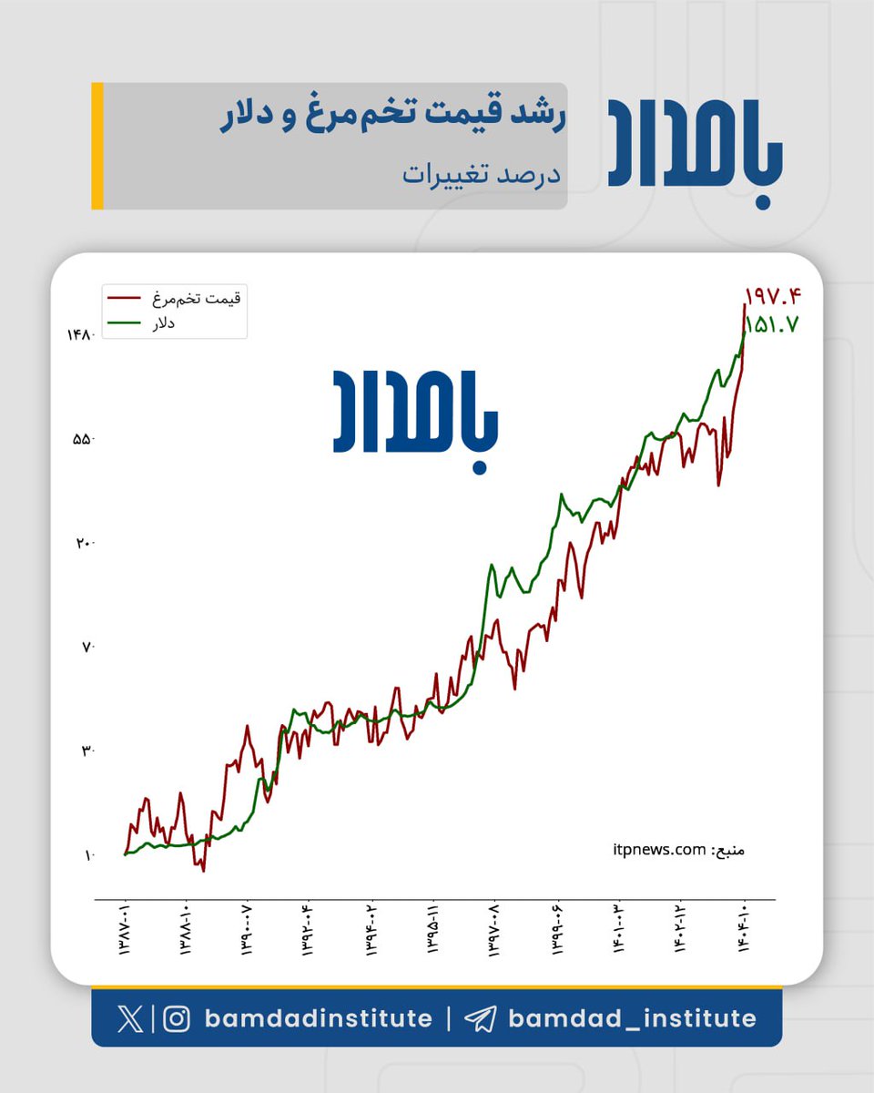 BamdadInstitute's tweet photo. براساس داده‌های https://t.co/AoAfh2sOeK قیمت تخم مرغ نسبت به دی سال گذشته جهشی ۲۴۷ درصدی داشته که بی‌سابقه است.
همچنین رشد قیمت تخم‌مرغ از شروع سال ۱۳۸۷ به بعد هم‌پا قیمت دلار بوده و از سال ۱۳۹۷ به بعد با هر جهش قیمت دلار با یک فاصله زمانی یک جهش قیمت تخم مرغ هم رخ داده است. https://t.co/XGaHXxcprA