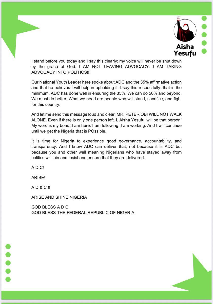 I stand before you today and I say this clearly: my voice will never be shut down
by the grace of God. I AM NOT LEAVING ADVOCACY. I AM TAKING
ADVOCACY INTO POLITICS!!!
Our National Youth Leader here spoke about ADC and the 35% affirmative action
and that he believes I will help