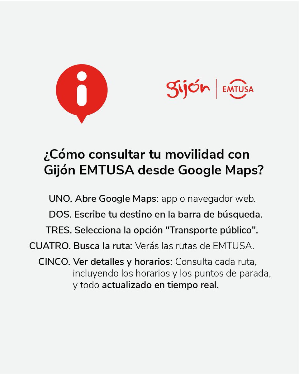 GijonBus's tweet photo. #EMTUSAconecta
🚍✨ ¿Has probado la integración de paradas y rutas de EMTUSA en Google Maps 📍🚌?
Ahora puedes:
😀 Consultar horarios actualizados al minuto
😲 Ver en tiempo real dónde está tu bús
🧐 Planificar rutas más eficientes
🙃 Evitar esperas innecesarias https://t.co/fOAm2mim3d