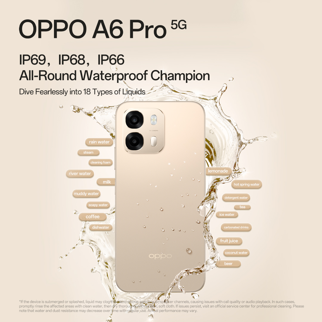 OPPOIndia's tweet photo. The new #OPPOA6Pro5G with IP69 Water and Dust Resistance is built to withstand exposure to up to 18 types of liquids, handling water jets and even full immersion during everyday use.

Buy now: https://t.co/YKoAGOq8hO

#BuiltForQuality #DurableAndLongLasting https://t.co/QsWCFimj8B