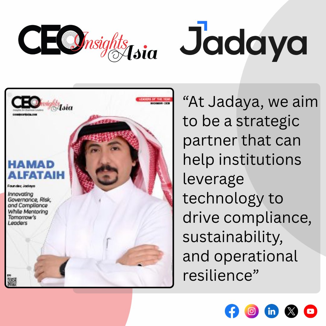 CEOInsightsAsi2's tweet image. Hamad Alfataih: Innovating Governance, Risk, and Compliance While Mentoring Tomorrow’s Leaders

@HAlfataih, Founder, @jadayacompany

Read More: lnkd.in/d7Zzq_TB

#leadershipskills #digitaltransformation #intelligentautomation #cloudinfrastructure #innovativesolutions