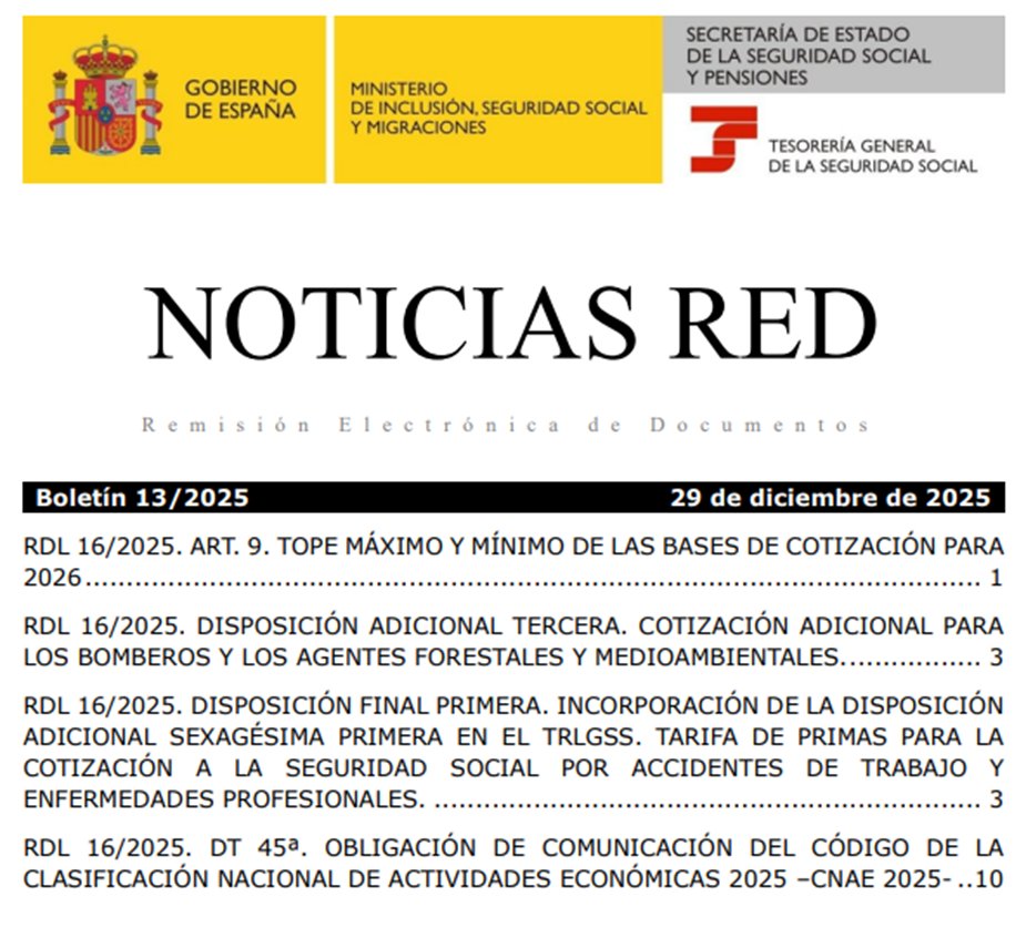 ℹ️ El BNR 13/2025 recoge importantes novedades para 2026:
- bases de cotización,
- cotización adicional,
- tarifa de primas,
- CNAE.
Consulta el boletín completo 👉 run.gob.es/ebcBNR13-25