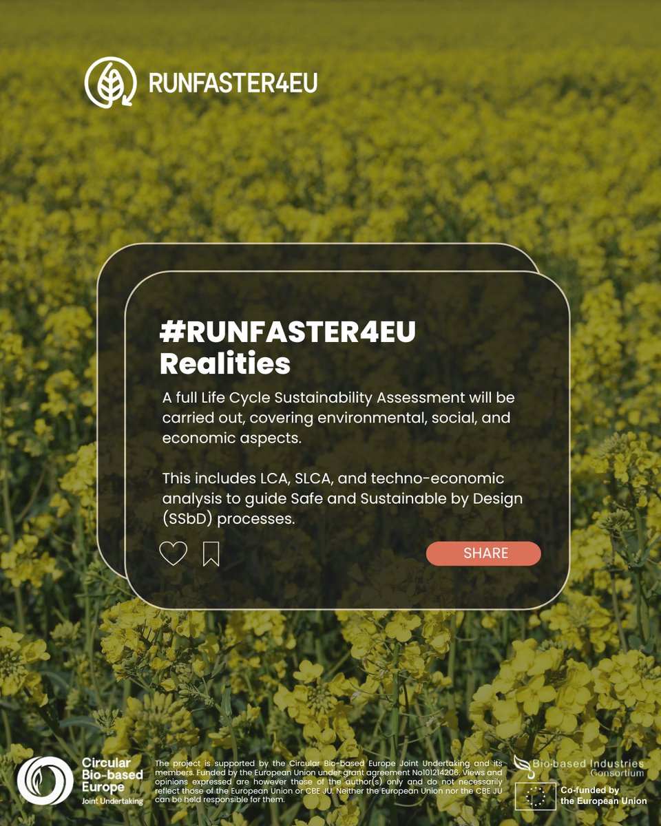 #RUNFASTER4EU Realities

📊 A full life cycle sustainability assessment will be carried out, covering environmental, social, and economic aspects.

Learn more: shorturl.at/KUmD5

#Biorefineries #Innovation #CircularEconomy #ZeroWaste #SustainableFuture #CBEimpact