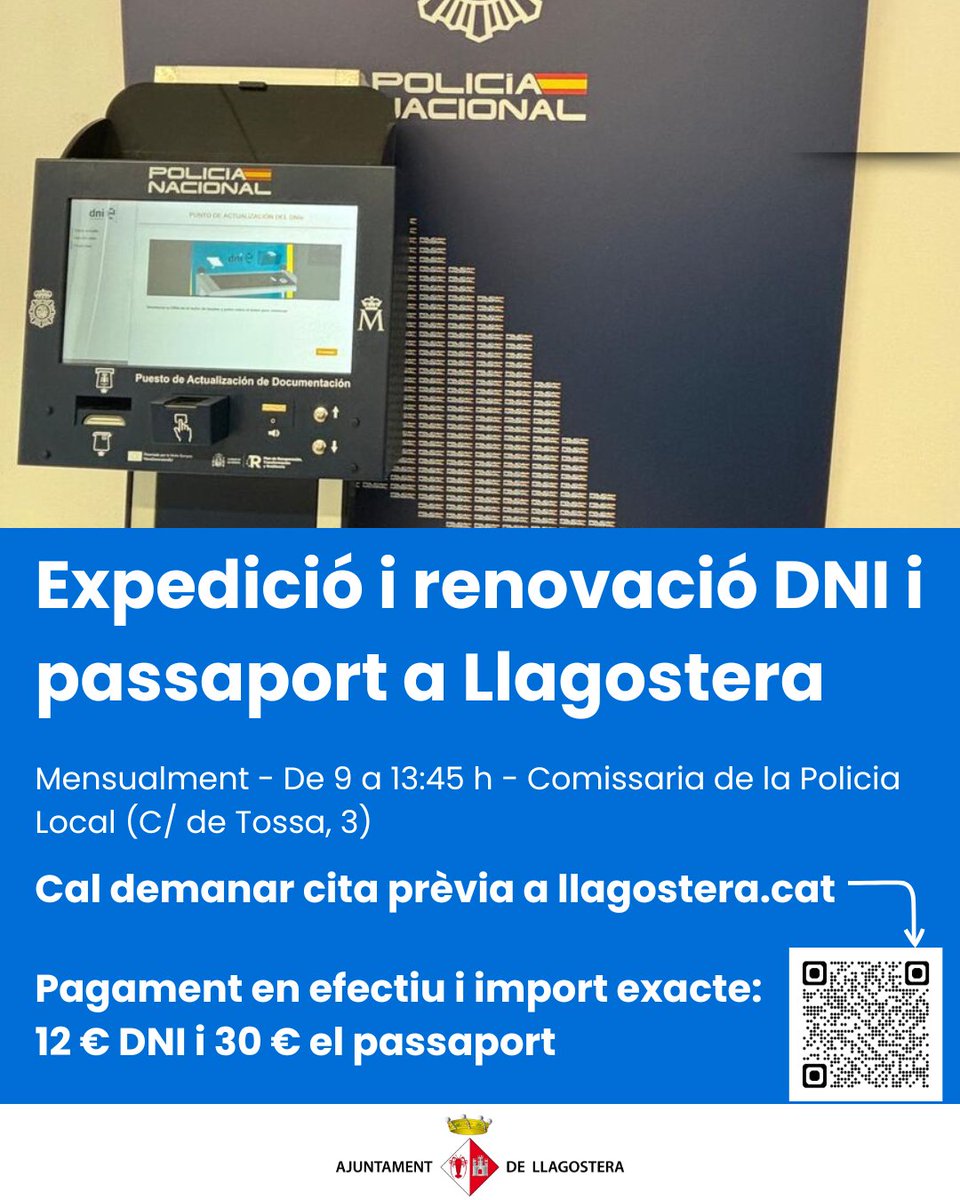 📣El vehicle mòbil de la Policia Nacional, conegut com a VIDOC, tornarà a fer parada a Llagostera per facilitar els tràmits d’expedició i renovació del DNI i del passaport. 👮🏼‍♂️

📆 15 de gener i 12 de febrer

📲 Ja podeu demanar cita prèvia a través de calendly.com/llagostera