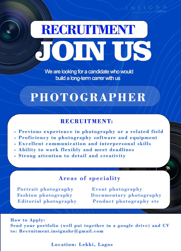 We’re Hiring at Insigna Media, Apply if you meet the requirements, Best of luck.
•
•
•
#HiringNow #Recruiting #photographer #JoinUs #bestofluck