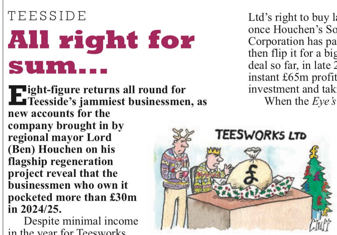 rbrooks45's tweet image. When Private Eye revealed the giveaway of Teesside regeneration land to local businessmen, mayor Ben Houchen said they kept £50m in the bank for investment in the project. New figures show they’ve extracted that as dividends while investing nothing. Story in new @privateeyenews.