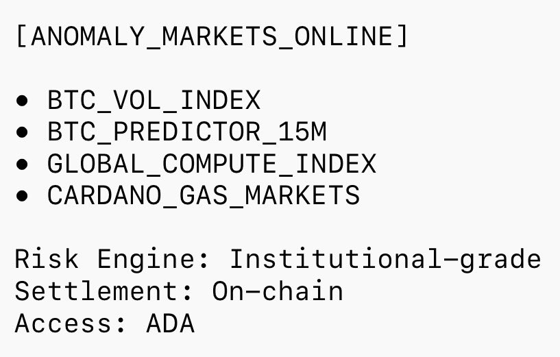 ProtocolAnomaly's tweet photo. Anomaly has full architecture for a new class of on-chain markets on Cardano.

Sustained trading volume and institutional adoption do not come from incentives — they come from risk infrastructure and real market structure.

Anomaly products are built on institutional-grade risk and settlement architecture, with ADA as the access layer.

Activating #ADA

Forged In Math | Verified In Code

@Cardano_CF

#Cardano #DeFi #TradFi #derivatives #capitalmarkets #blockchain