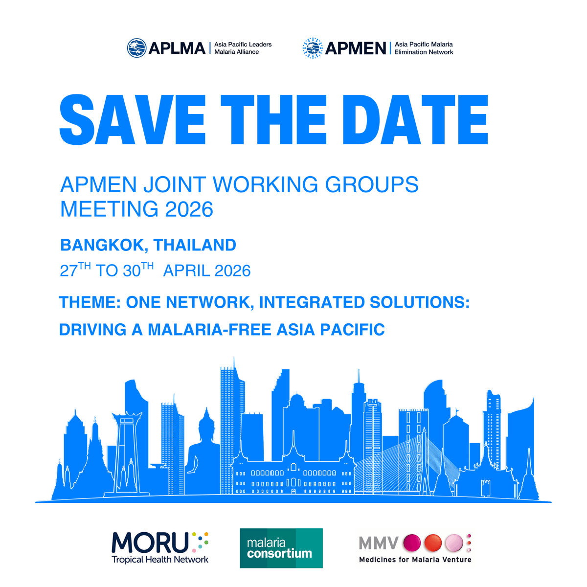APMEN's tweet photo. 📢 Save the date! The APMEN Joint Working Groups Meeting 2026 will be held 27–30 April in Bangkok, Thailand.

Theme: “One Network, Integrated Solutions: Driving a Malaria-Free Asia Pacific” 🌏

📌 Mark your calendars!

#APMEN2026 #MalariaFreeAsiaPacific #Malaria #APMEN #VCWG #VxWG #SRWG #ClimateHealth #OutdoorTransmission #BorderMalaria
