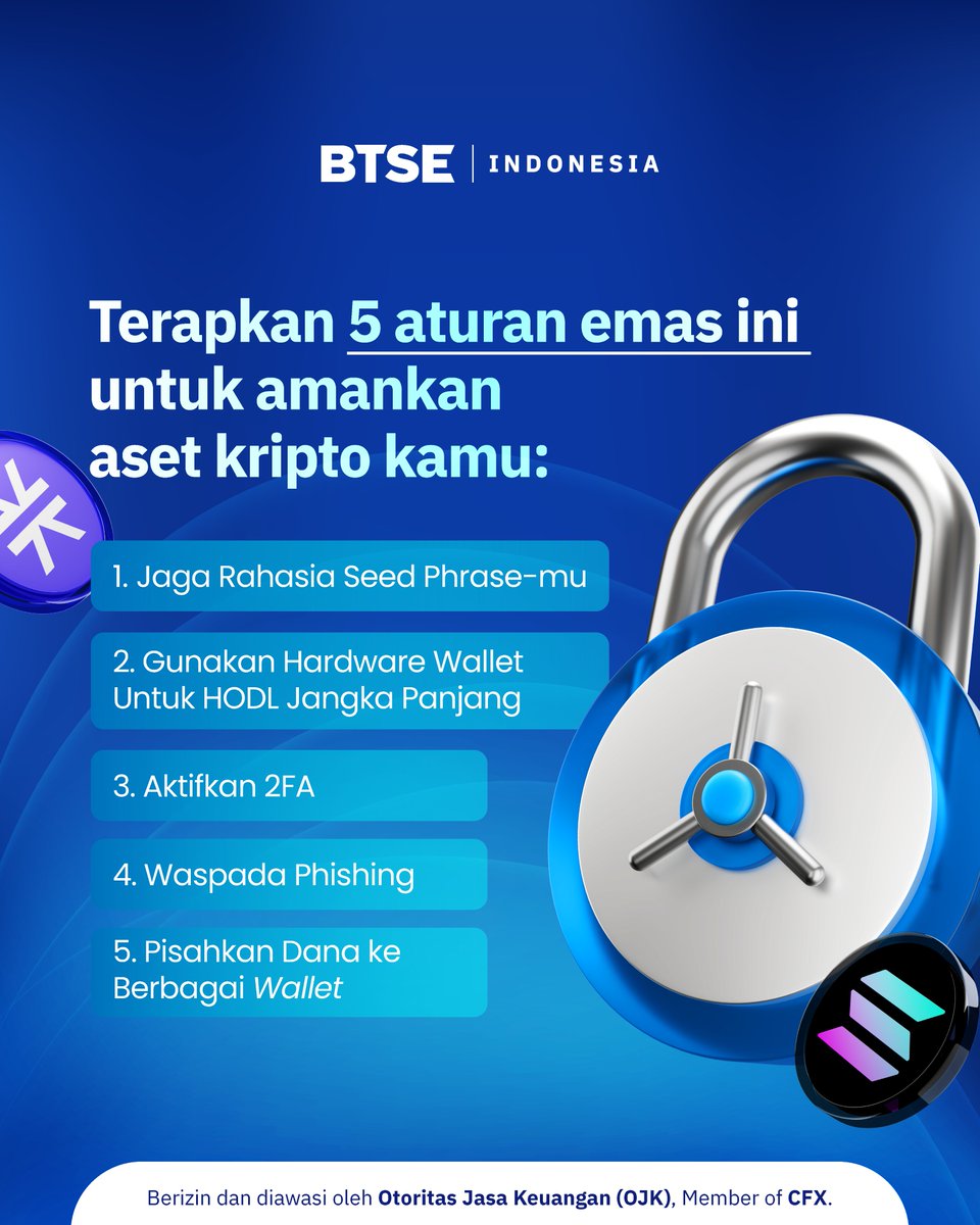 Selalu utamakan keamanan ketika berinteraksi di dunia kripto &amp; blockchain ya, Buddies! 💪

Terapkan 5 aturan ini selalu. ✅

💡 Punya tips lain untuk meningkatkan keamanan? Share yuk di kolom komentar!

#BTSEIndonesia #MudahnyaInvestasi