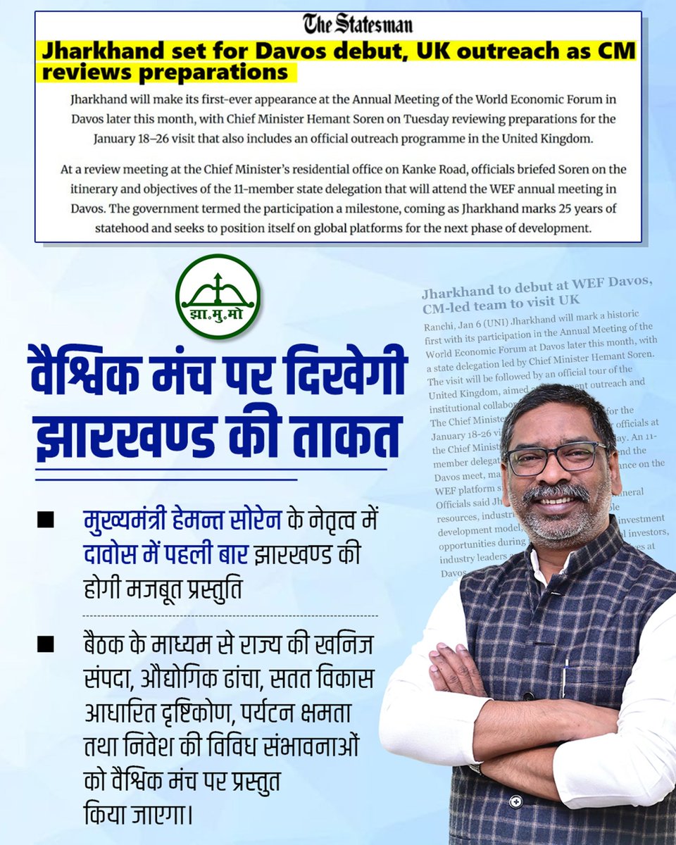 वैश्विक मंच पर दिखेगी
झारखण्ड की ताकत....
<a href="/HemantSorenJMM/">Hemant Soren</a>  <a href="/JmmJharkhand/">Jharkhand Mukti Morcha</a>  <a href="/JMMKalpanaSoren/">Kalpana Murmu Soren</a>