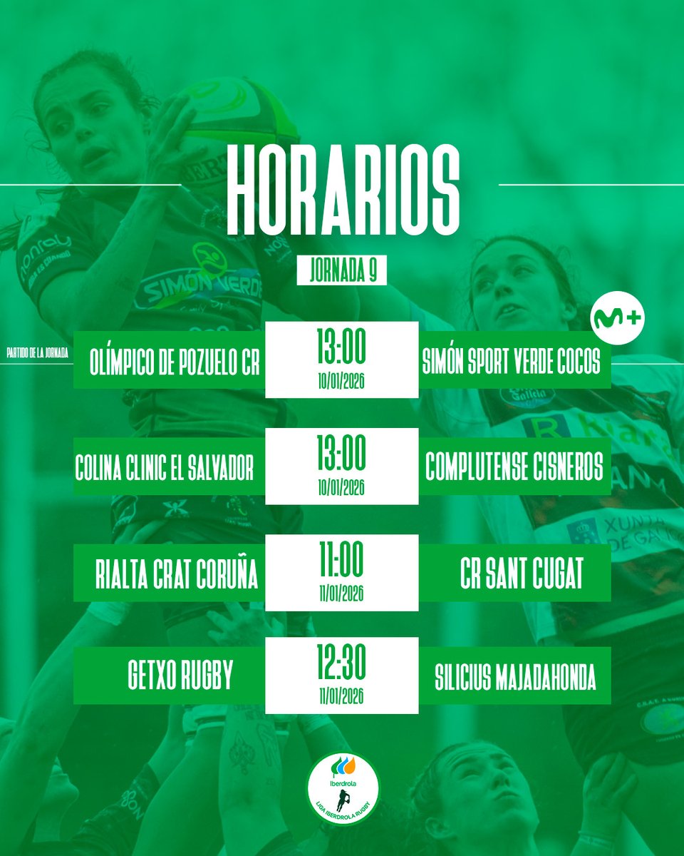 ⌚️ 𝐇𝐎𝐑𝐀𝐑𝐈𝐎𝐒 Jornada 9️⃣ 

📺 <a href="/MovistarRugby/">Rugby en Movistar Plus+</a> emitirá el partido entre <a href="/OlimpicoRugby/">Olímpico Pozuelo Rugby</a> y <a href="/CocodrilasRugby/">COCODRILAS RUGBY</a> 

#LigaIberdrolaRugby