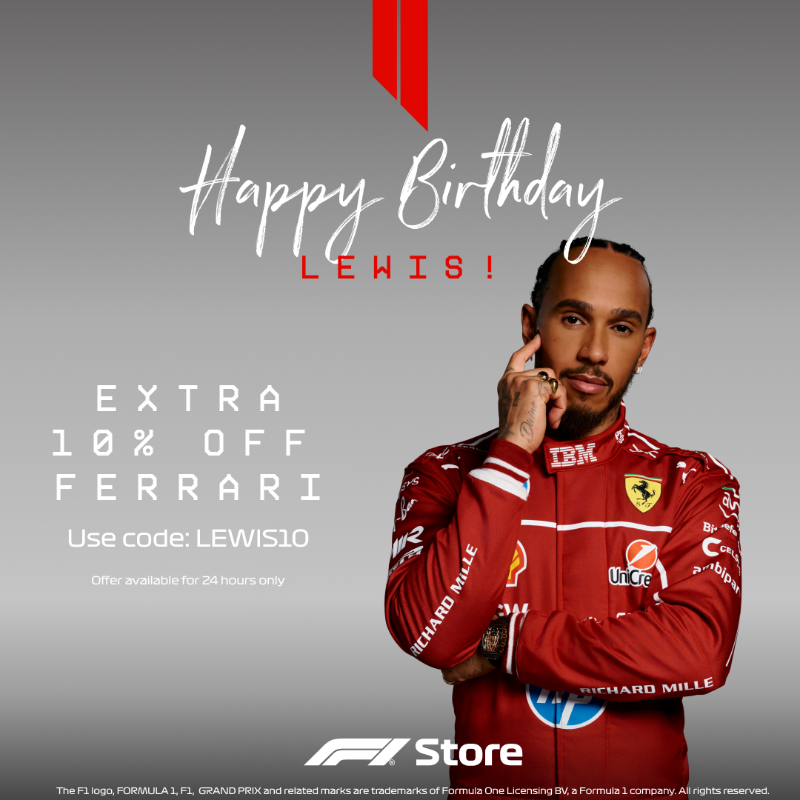 F1's tweet photo. Celebrating Lewis Hamilton's birthday with an extra 10% off Ferrari 🥳

Head to the F1 Store now using the link below 👇

#F1