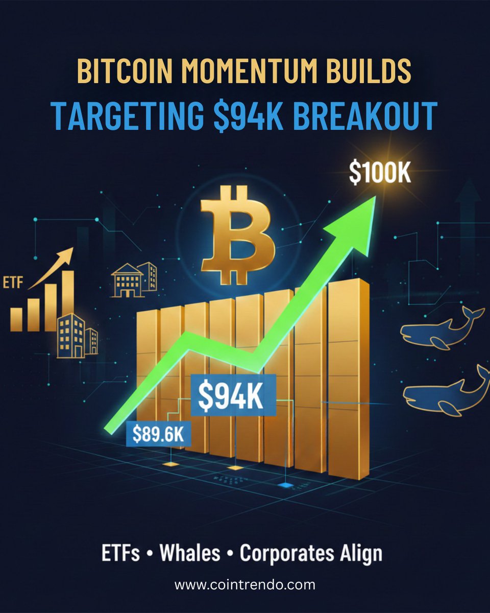 cointrendo's tweet photo. • $89.6K flipped to support
• ETF inflows surge
• Whales accumulating
• Corporates stacking BTC

$94K breakout in focus 👀
$100K is no longer a question of if, but when.

https://t.co/oWLpz29z4c

#Bitcoin #BTC #Crypto #ETFs #OnChain #MarketMomentum https://t.co/3eZLHYJ56u