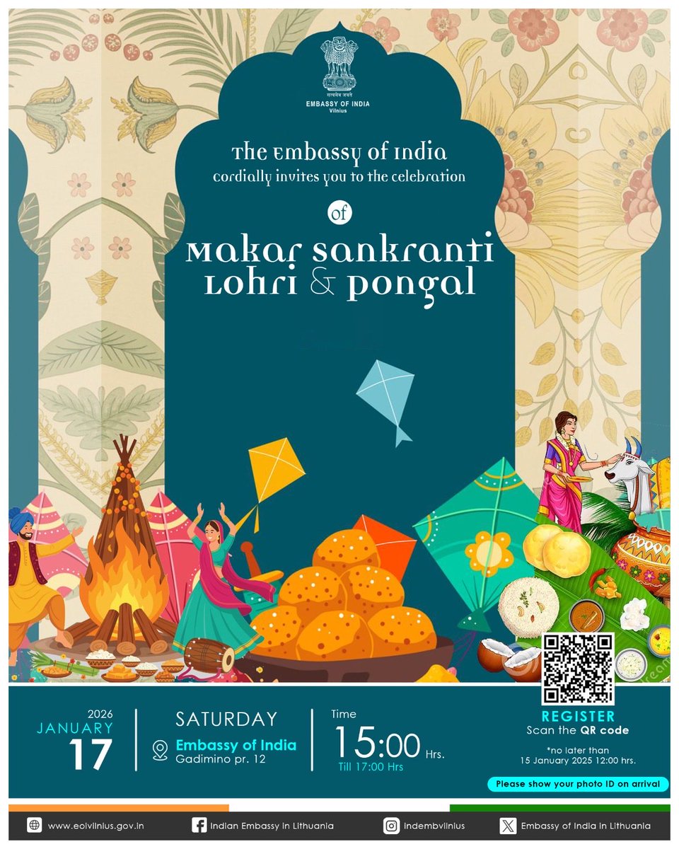 IndEmbVilnius's tweet image. ✨Celebration of Harvest Festivals✨
 
The Embassy of India warmly invites community members to come together and celebrate India’s cherished harvest festivals 🎋Makar Sankranti, Pongal, Lohri, and Maghi🎋in a spirit of joy, unity, and cultural pride.

 🗓️17 January 2026…