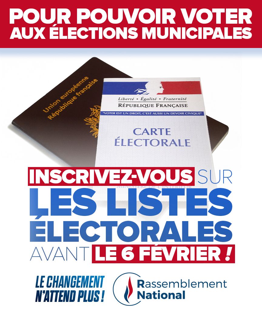 🇫🇷 J-30 pour s'inscrire sur les listes électorales !

S’inscrire sur les listes et voter pour nos candidats, c’est faire le choix de l’alternance et agir concrètement pour la sécurité, le pouvoir d’achat et la qualité de vie dans votre commune !

▶️ Inscrivez-vous avant le 6