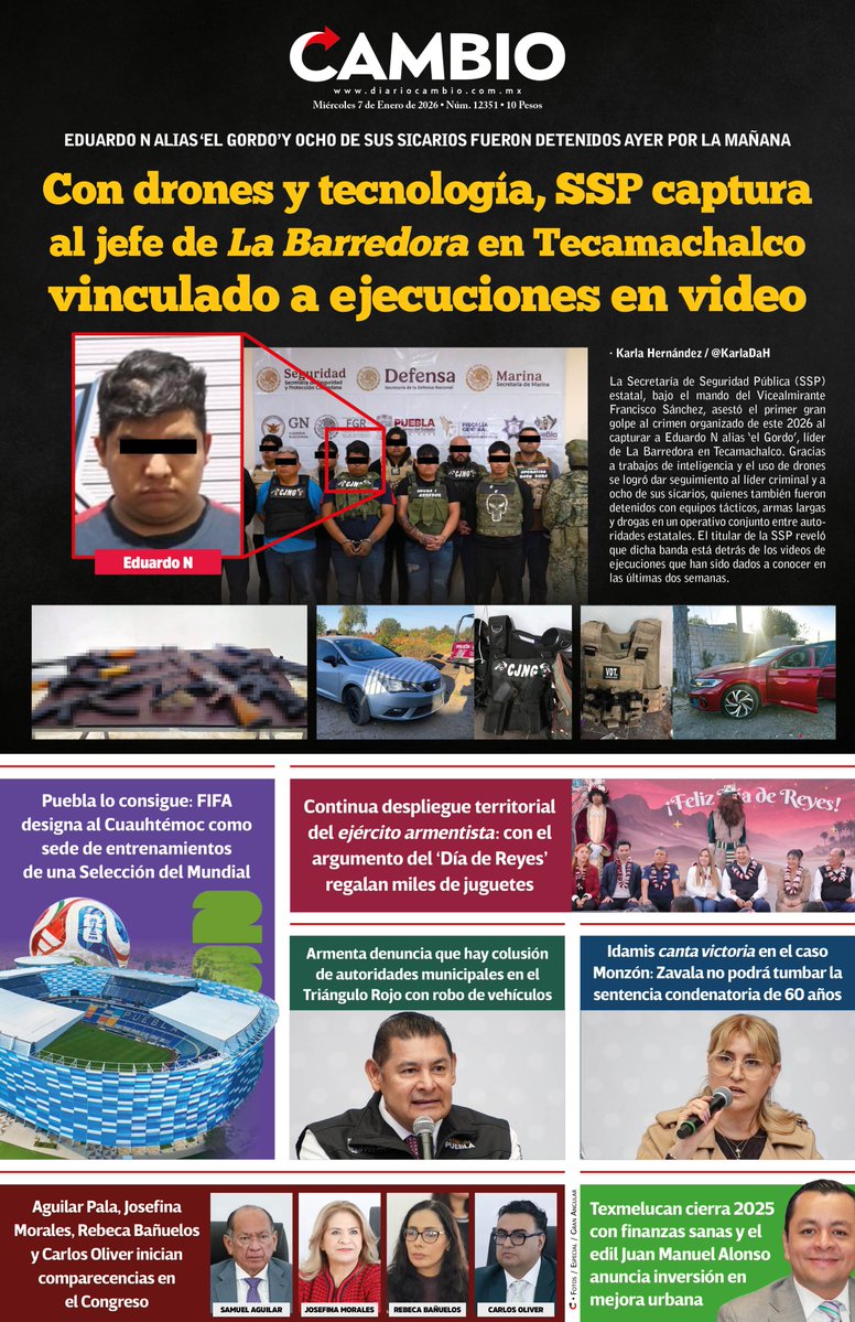 Diario_Cambio's tweet image. 📰#HoyEnCAMBIO 🗞

👉🏻 Con drones y tecnología, SSP captura al jefe de La #Barredora en Tecamachalco vinculado a ejecuci0nes en video

👉🏻 Puebla lo consigue: #FIFA designa al Cuauhtémoc como sede de entrenamientos de una Selección del Mundial

#diariocambio