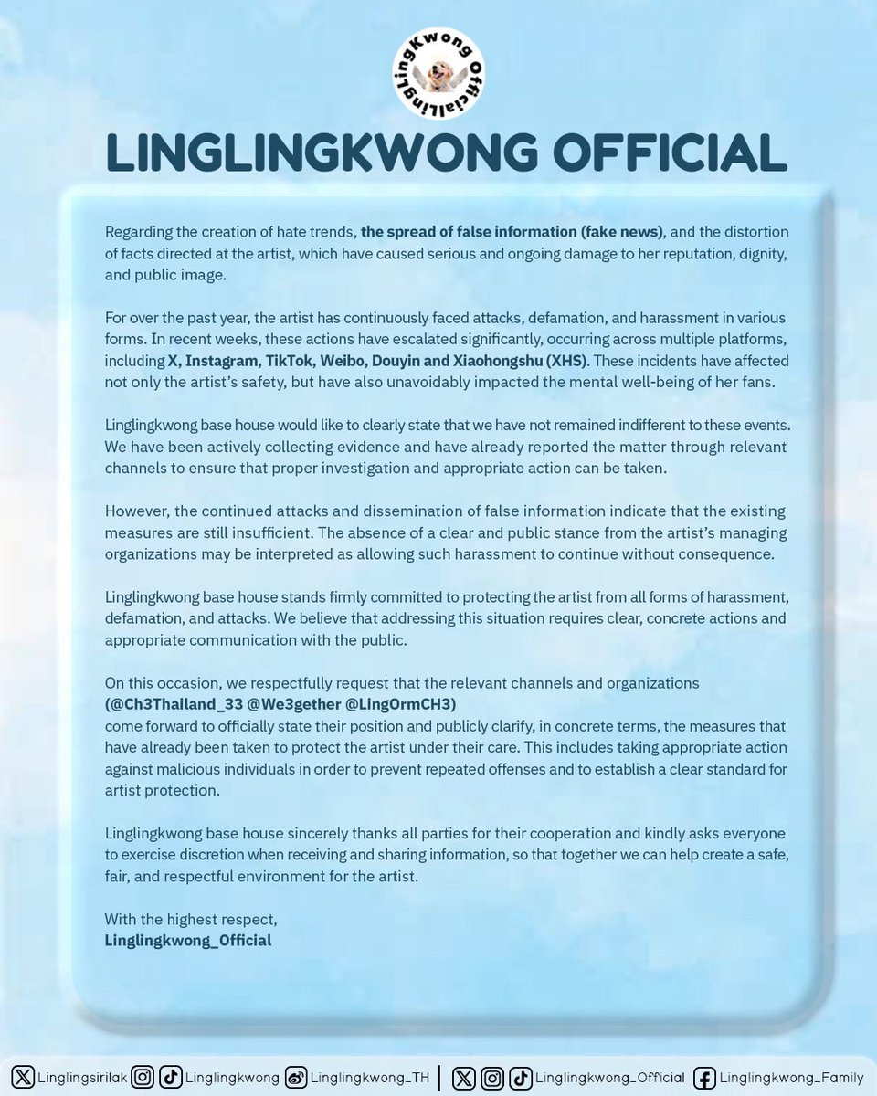 Linglingkwongcn's tweet photo. Lingling Kwong 粉丝后援会始终坚决反对任何针对艺人的骚扰、诽谤与恶意攻击。我们郑重呼吁相关电视台及机构（ @We3gether  @LingOrmCH3 @Ch3Thailand_33 ) 正视恶意仇恨与不实信息的扩散，切实履行对艺人的保护责任。

CH3 PROTECT 00K 
#CH3protectLINGLING https://t.co/Tk7bddjKtN