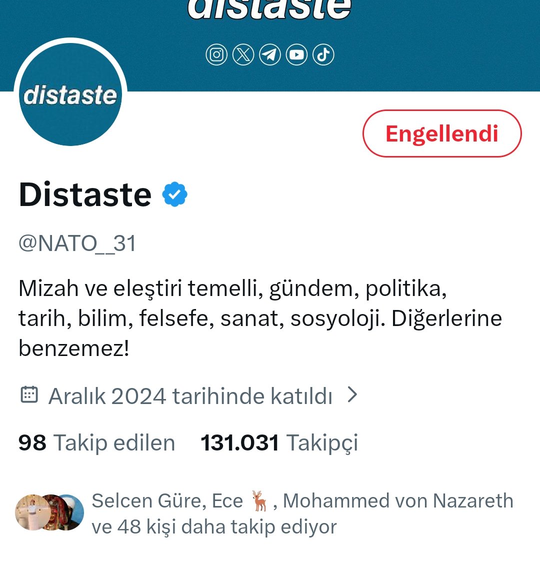 Bu yaratığı aklı başında sandığım 50 arkadaşım takip ediyor. Düşmanı takip etmek gibi bir vizyonunuz varsa bu da ayrı utanç verici. Bu yaratıkla ortak noktada olduğunuz bir konu olamaz. Akşam saatlerine kadar bu 50 kişiyi takipten çıkacağım. Umarım burada görüp bu yanlıştan