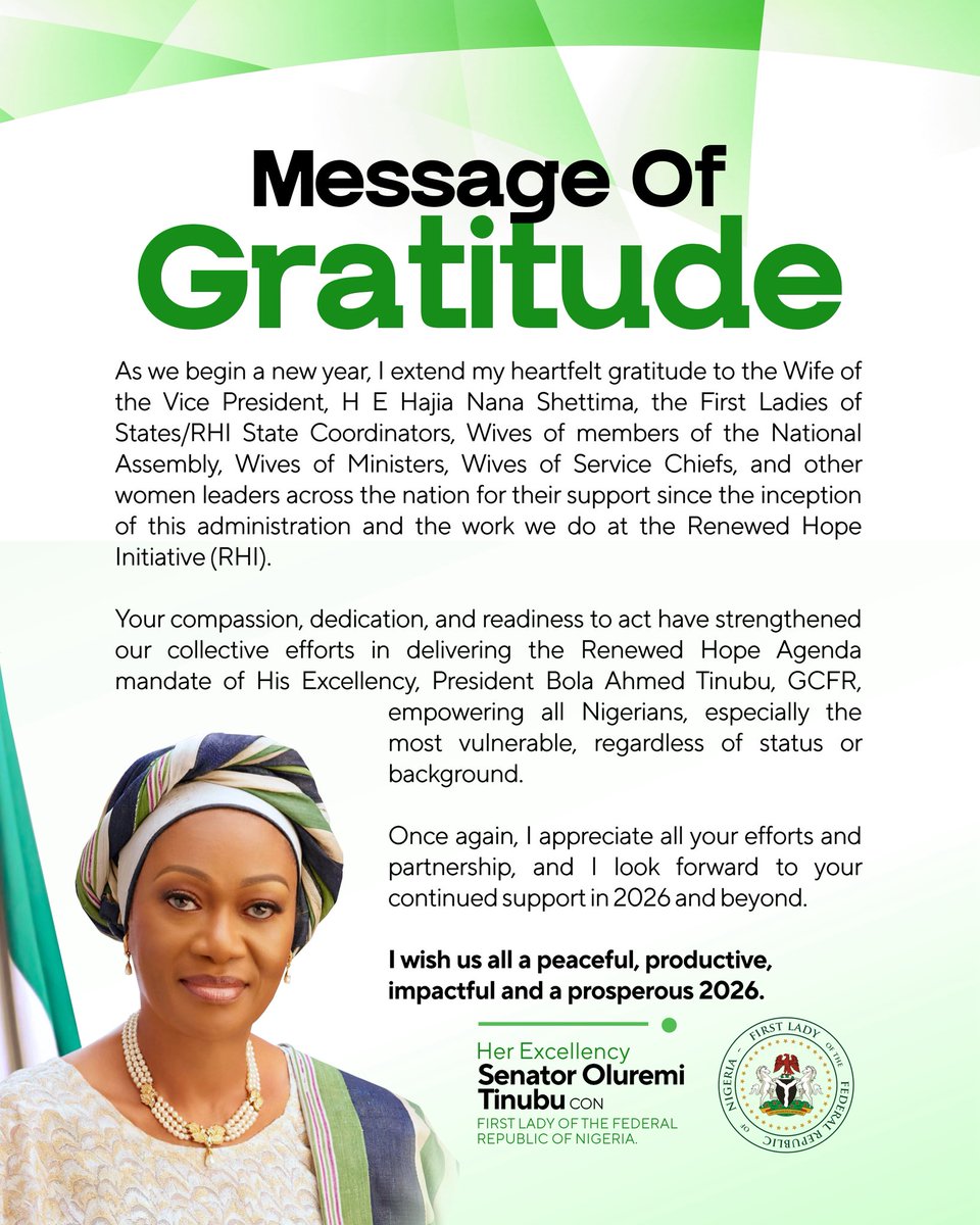 As we begin a new year, I extend my heartfelt gratitude to the Wife of the Vice President, H E Hajia Nana Shettima, the First Ladies of States/RHI State Coordinators, Wives of members of the National Assembly, Wives of Ministers, Wives of Service Chiefs, and other women leaders