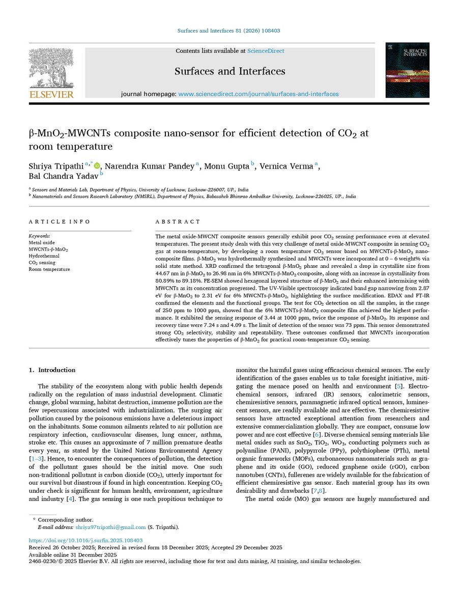 ProfNKPandey's tweet photo. One more research paper from our Sensors and Materials Research Lab, Department of Physics, University of Lucknow, in the journal Surfaces and Interfaces, 'β-MnO2-MWCNTs composite nano-sensor for efficient detection of CO2 at room temperature'.

https://t.co/mMb8vmQMhX https://t.co/5VEKUMO0GM