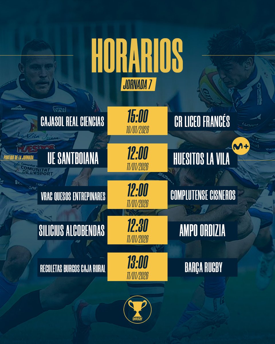 ⌚️ 𝐇𝐎𝐑𝐀𝐑𝐈𝐎𝐒 Jornada 7️⃣ de #DHRugby 

📺 <a href="/MovistarRugby/">Rugby en Movistar Plus+</a> emitirá el partido entre <a href="/UESantboiana/">U.E. Santboiana</a> y <a href="/crlavila/">Club Rugby La Vila</a> 

📺 El partido entre <a href="/VRAC/">🧀 VRAC 🧀</a> y <a href="/Cisneros_Rugby/">Club de Rugby Complutense Cisneros</a> se podrá seguir en <a href="/cyltv/">CyLTV</a> 

El resto por el canal de YouTube de <a href="/ferugby/">España Rugby</a> 👉🏻youtube.com/@FERUGBYTV
