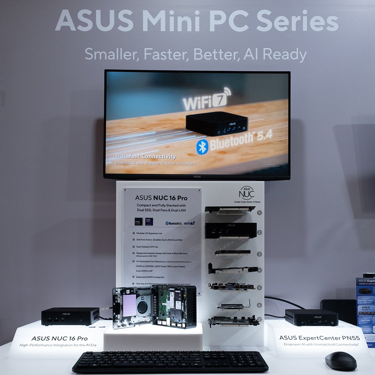 ASUS's tweet photo. The compact powerhouses ready to keep up with modern demands. Meet the #ASUSNUC 16 Pro, powered by Intel® Core™ Ultra X9 Series 3, and the #ASUSExpertCenter PN55, our @AMD Ryzen AI 400 Series device, both built to be more space efficient and powerful.
@intel #ASUS #NUC #CES2026 https://t.co/q5IF3l9uOx