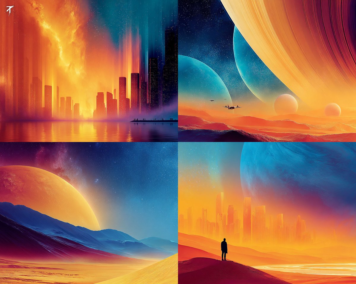 This AI image generation style captures expansive sci-fi landscapes with vibrant cityscapes and serene planetary scenes, emphasizing cinematic visuals and warm color palettes.