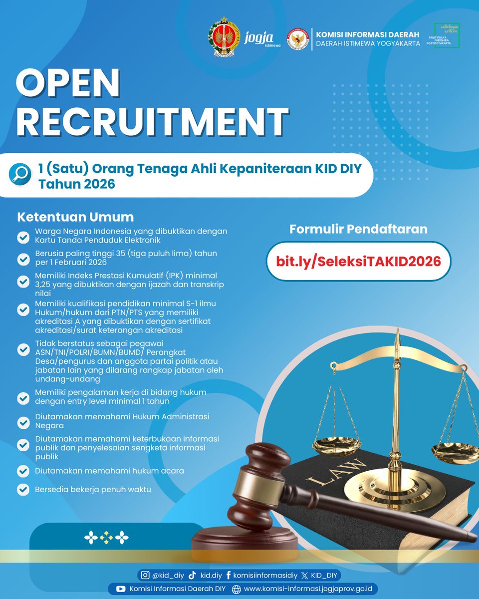 KID_DIY's tweet photo. Lowongan Terbuka: Tenaga Ahli Kepaniteraan KID DIY 

Posisi: Tenaga Ahli Kepaniteraan
Lokasi Kerja: Komisi Informasi Daerah D.I. Yogyakarta
Periode Pendaftaran: 7 - 12 Januari 2026

Jika ada pertanyaan, hubungi kami melalui WhatsApp: 085117518955 https://t.co/FD1nGBukZL