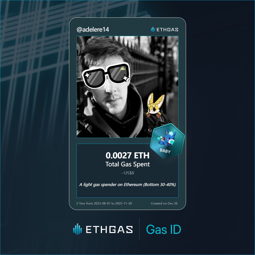 adelere14's tweet photo. Discovered my Gas ID via ETHGas - turning my gas spend into rewards 🫘

As a Baby Jack, I've spent 0.0027 ETH on gas but earned 1 Beans back.

Get your Gas ID and Beans here: https://t.co/5hA3536Gvf https://t.co/e5pnyffsf5