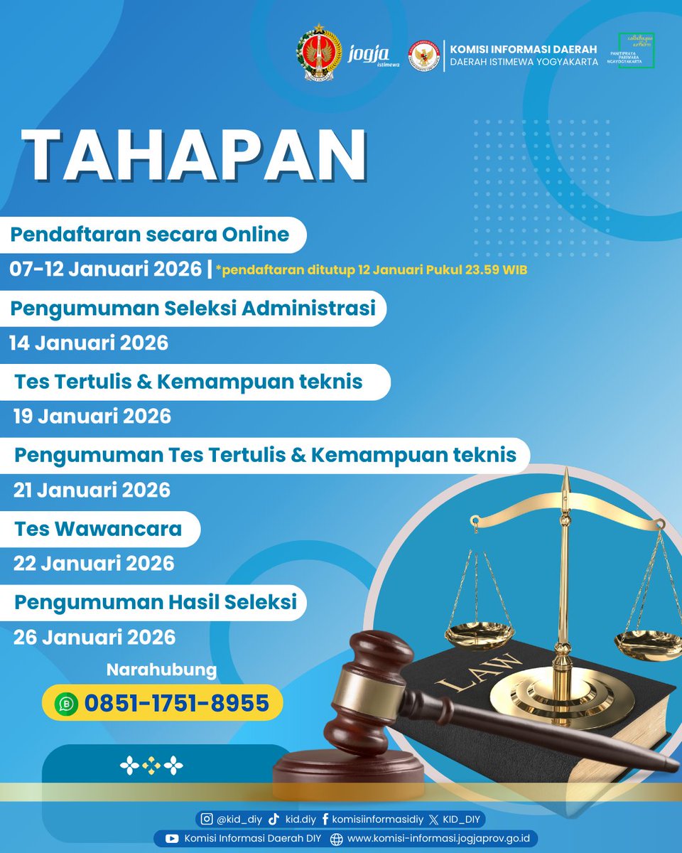 Lowongan Terbuka: Tenaga Ahli Kepaniteraan KID DIY 

Posisi: Tenaga Ahli Kepaniteraan
Lokasi Kerja: Komisi Informasi Daerah D.I. Yogyakarta
Periode Pendaftaran: 7 - 12 Januari 2026

Jika ada pertanyaan, hubungi kami melalui WhatsApp: 085117518955