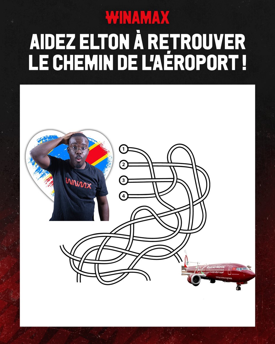 WinamaxSport's tweet image. 🇨🇩 Aidez Elton à rentrer à la maison... Quel chemin le mènera à l'aéroport ?

🎁 10 x 20 € de Freebets à gagner !

👉 Pour participer : RT ce tweet, suivez @WinamaxSport et répondez en précisant votre pseudo Winamax.

⏰ Tirage vendredi !

📄 Règlement &amp;gt; tinyurl.com/ConcoursW26