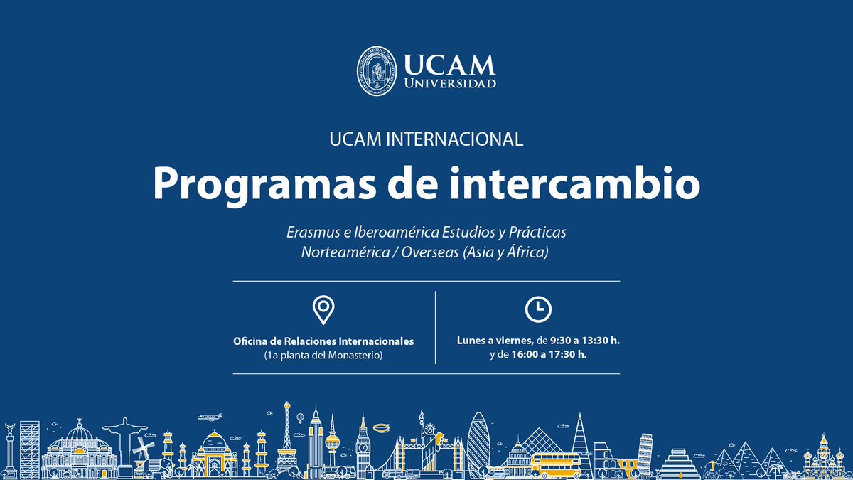 UCAM's tweet photo. 📝 ¡Atención, estudiantes! Ya está abierto el periodo de inscripción para los Programas de Movilidad UCAM: Erasmus (estudios/prácticas), UCAM Iberoamérica, USA–Canadá y Overseas–Asia.
🗓️ Del 17/11/2025 al 11/01/2026 podrás solicitar tu plaza para realizar una movilidad de 2 a 12 meses.
🌐 Presenta tu solicitud online.
📚 Toda la info aquí: https://t.co/LGccTBGo8p