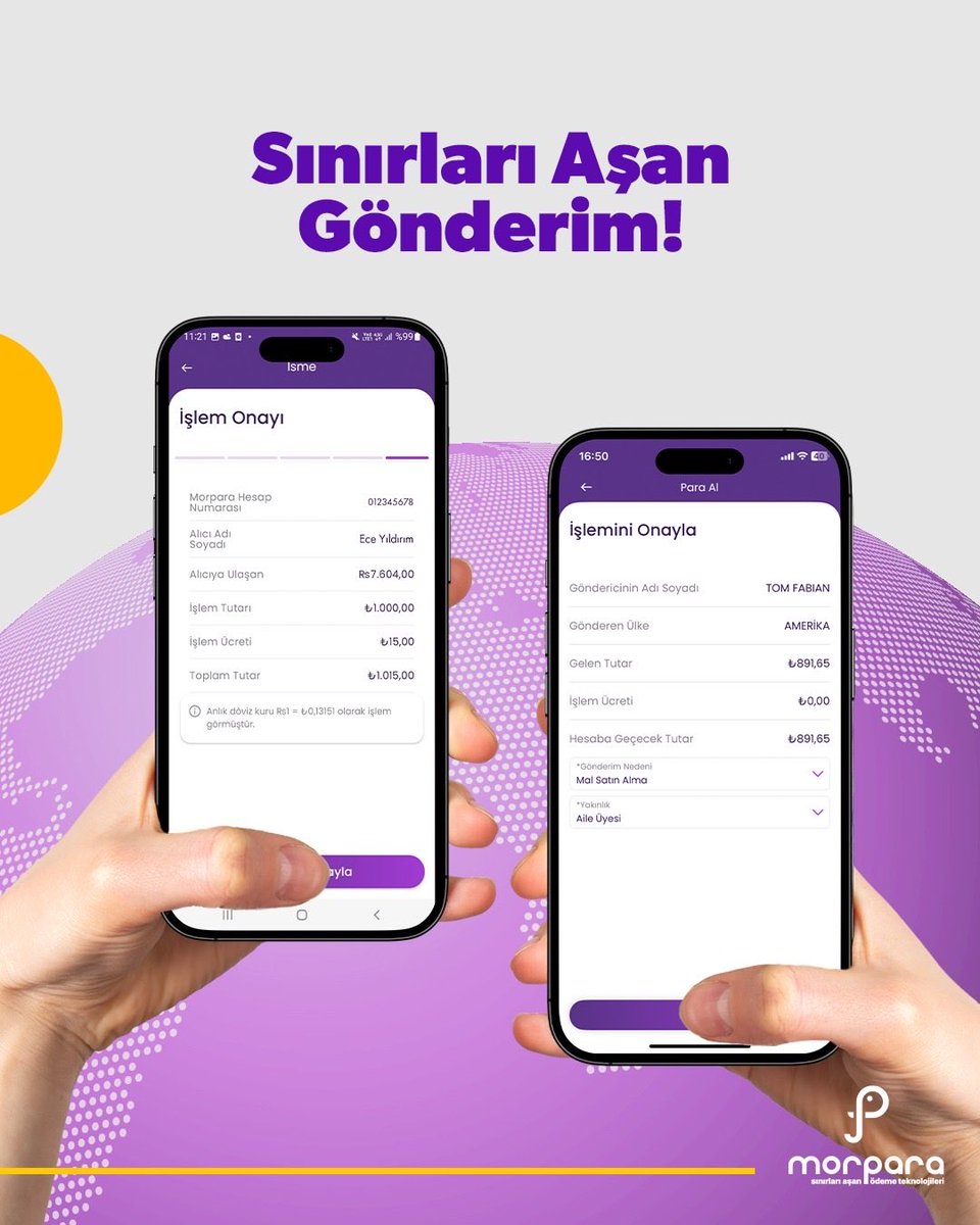 Yurt dışındaki alıcının IBAN’ı yok mu?  Morpara kullanıcıları için sorun değil, isme para gönderme kolaylığına sahipsin 💜
MoneyGram ile isme para gönderim özelliğimiz sayesinde Morpara mobil uygulamasından 7/24, sadece alıcının isim bilgileri ile para gönderebilirsin.
