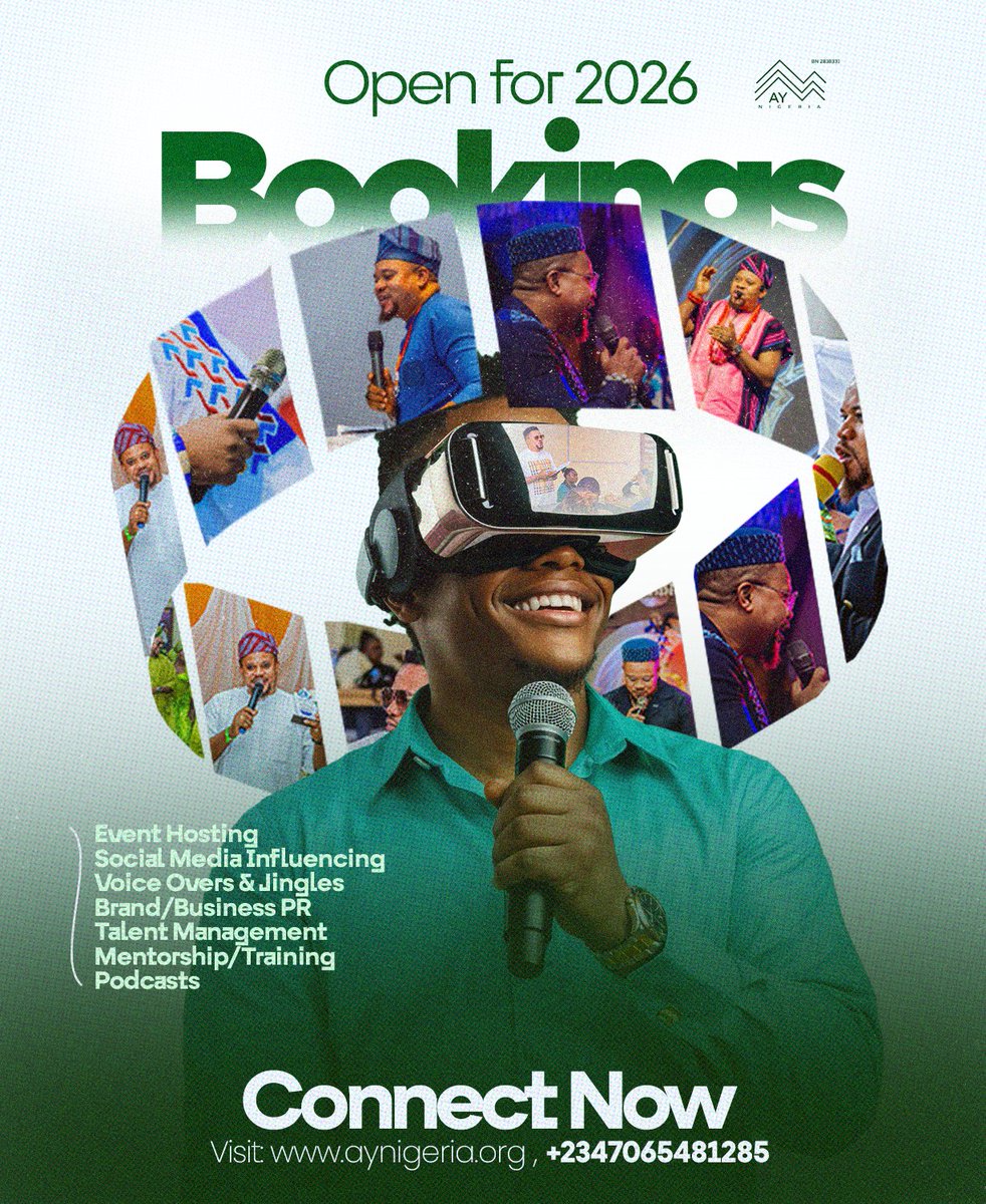 Seeing the future clearly in 2026! 
 Bookings now open for all your hosting, influencing, PR, and mentorship needs.
 Let’s build something epic together!
 Link in bio or visit aynigeria.org 
📞 +234 706 548 1285

 ©️AY Nigeria🇳🇬™️
aynigeria.org