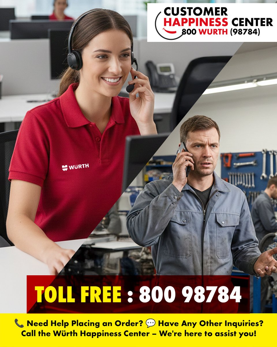 Würth Happiness Center: Your point of contact for seamless support.

Call or WhatsApp : 800 WURTH (98784)

#Würth #Würthproducts #products #quality #expertrecommendation #happinesscenter