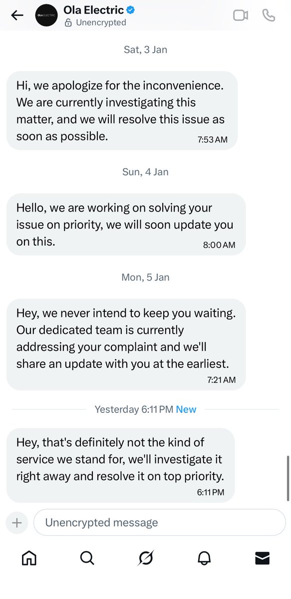 puneet083's tweet photo. @OlaElectric @bhash DAY 10 REMINDER 10 STILL WAITING FOR RSA TO PICK FAULTY SCOOTER .Where is UR hyper service🫣RSA NO:SRN29122500316
Every day I call I get the same reply‘we are sorry for the concern and our backend team is working to resolve’. Feed up of daily failed commitment https://t.co/cPPDHJ1MCV