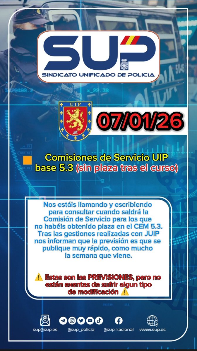 🗣️📢 Comisiones de Servicio para policias del Curso XXXVIII (SIN PLAZA)
✅ Tras las gestiones realizadas con JUIP nos informan que se están agilizando los tramites y posiblemente se publique la semana que viene.
💪🏻Vente al mejor sindicato en #UIP 
📝➡️ altas.sup.es