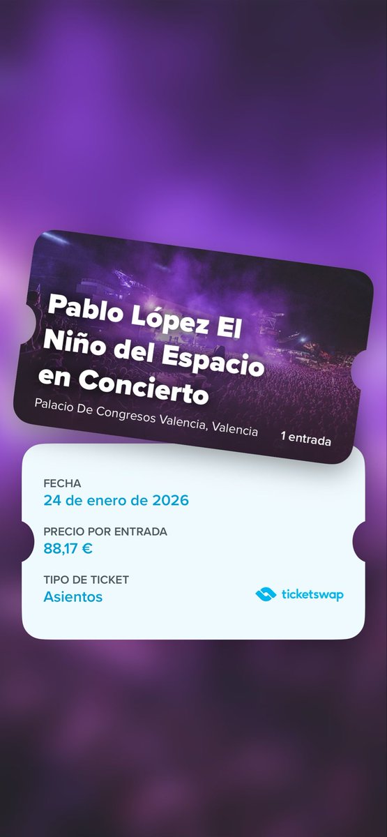 ‼️ VENDO ENTRADA PABLO LÓPEZ EN VALENCIA‼️ 
👉 Sábado 24 de enero
 
Dejo el link de TicketSwap💘💘💘:
ticketswap.com/listing/pablo-…