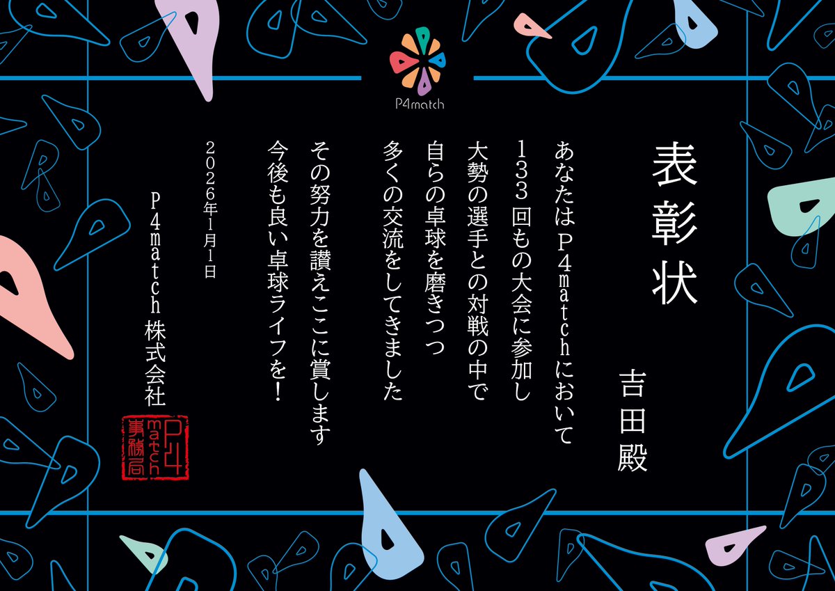 先日のP4match AWARD 2025 出場回数5位に入り表彰状いただきました！