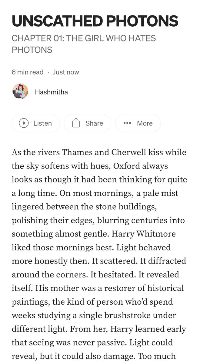 UNSCATHED PHOTONS. CHAPTER 01: THE GIRL WHO HATES PHOTONS | by Hashmitha | Jan, 2026 | Medium share.google/DbLphcdsOHt4fB…

First attempt on trying to write a phy-fic novel  : )