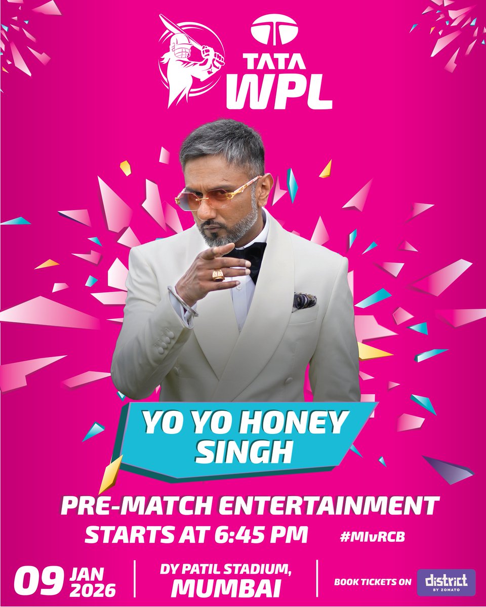 When the beat drops, history begins. 🎤🔥

Yo Yo Honey Singh takes centre stage at the TATA WPL 2026 Pre Match Entertainment - setting the tone for an electrifying season! 🙌

📍 DY Patil Stadium | 🗓 9th January

#TATAWPL | #MIvRCB | #KhelEmotionKa | <a href="/asliyoyo/">Yo Yo Honey Singh</a>
