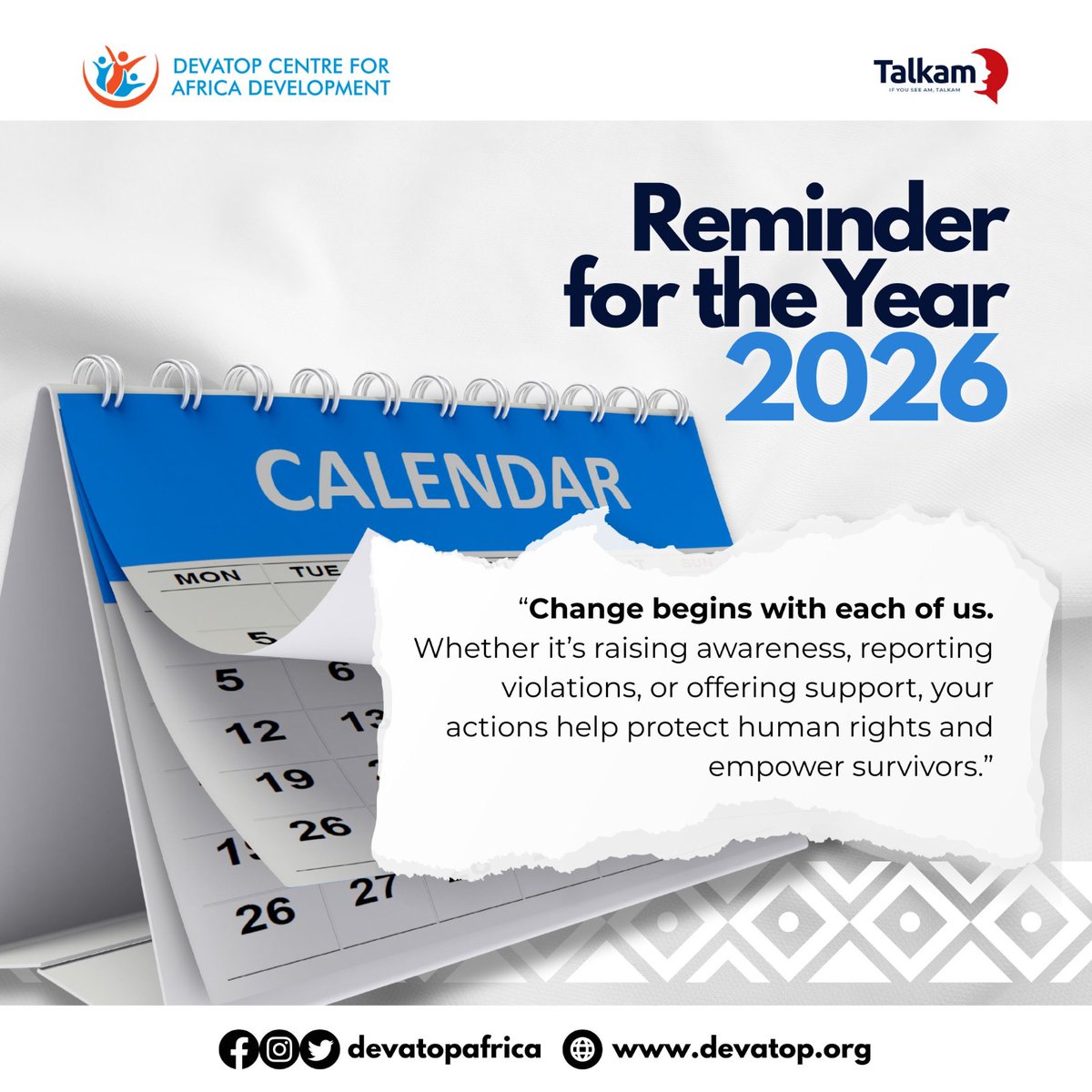 devatopafrica's tweet image. Every year gives us another chance to show up differently and do better together.🤝

In 2026, let’s strengthen our collective resolve to protect human dignity, support survivors, and foster a culture where justice and care are not optional but essential.

#Talkam #HumanRights