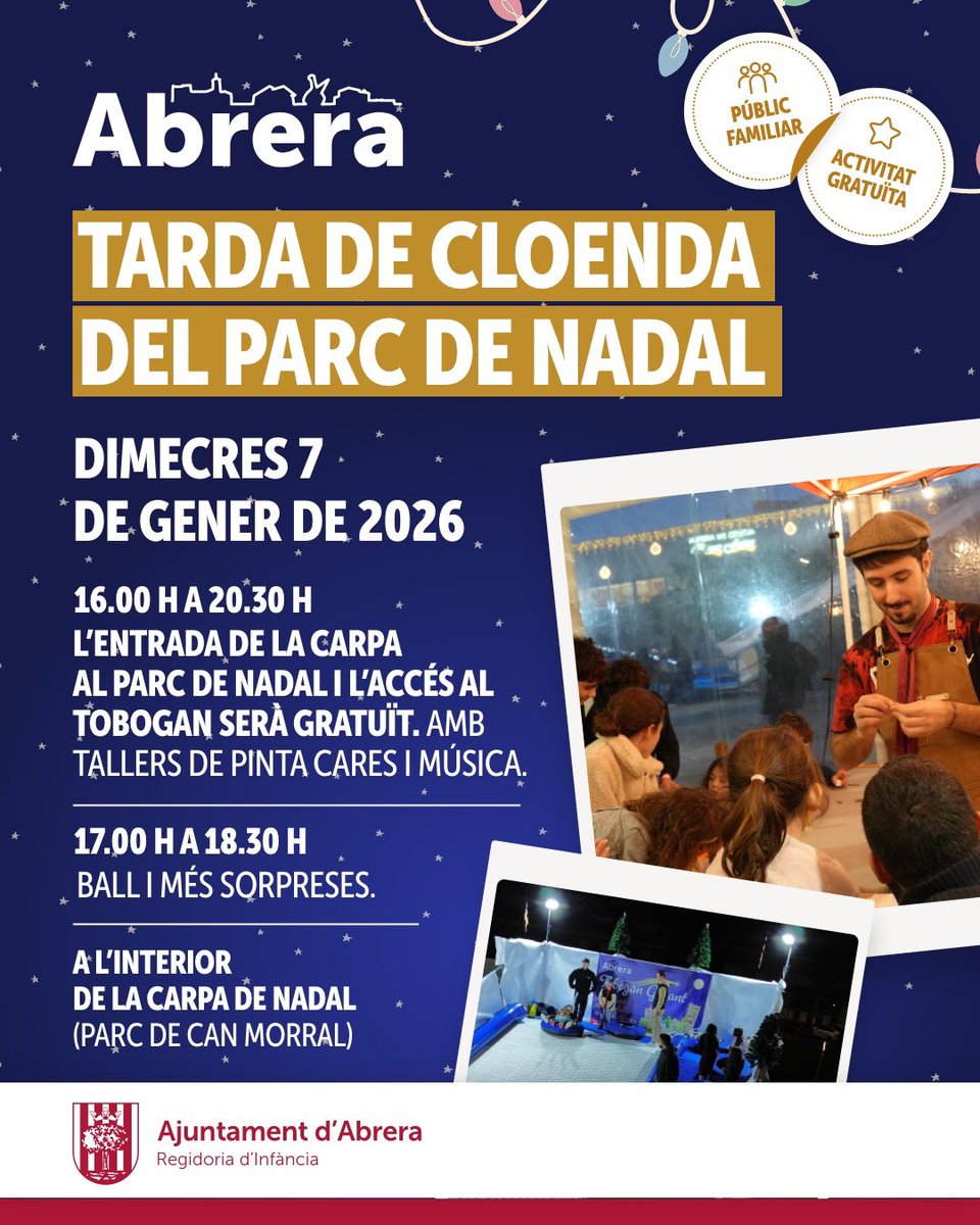 🎄✨Un any més, a #Abrera hem gaudit de La il·lusió del Nadal!

Aquesta tarda de dimecres 7 de gener de 2026 tindrà lloc la cloenda del Parc de Nadal, amb diferents activitats programades.

Consulteu el detall en la imatge d’aquest post👇🏽

+ℹ️ a abrera.cat.