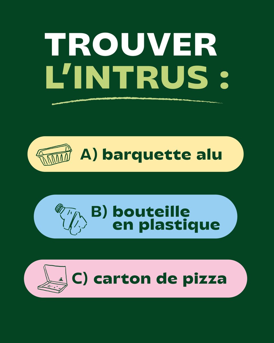 Nous pouvons évidemment en déduire qu’ici, c’est bien le carton de pizza qui est l’intrus de l’histoire ! 

En effet, la barquette en alu et la bouteille en plastique se déposeront dans le bac gris tandis que le carton de pizza se déposera dans le bac jaune. ✅